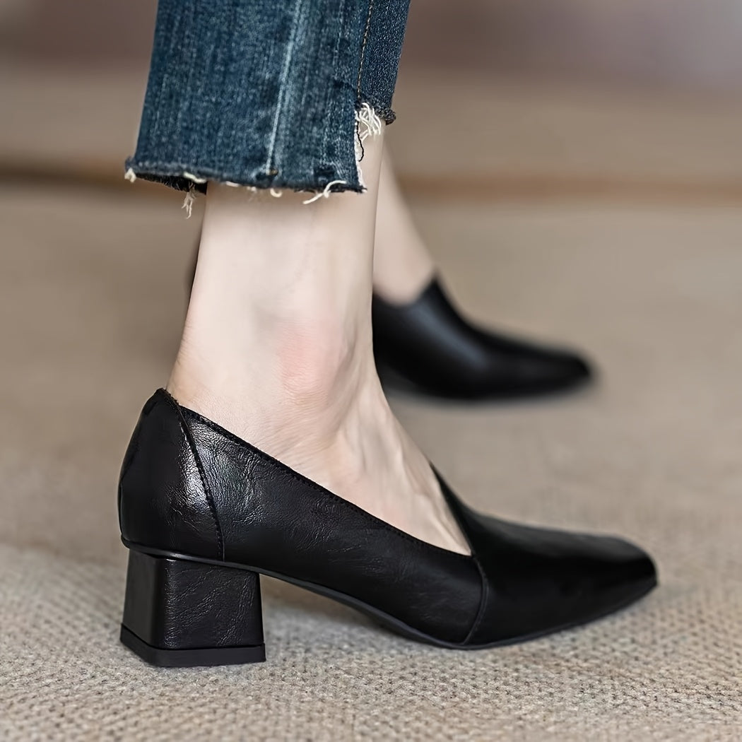 Ayollar uchun oson kiyinadigan past bo'yli poyabzal, kvadrat barmoqli, PU sintetik, jigarrang, kundalik va rasmiy kiyim uchun