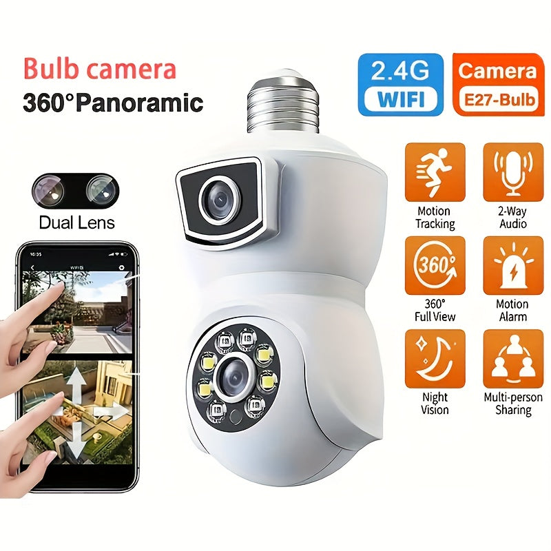 HD PTZ Security Camera with 360° View Motion Detection 2CH Audio Indoor Outdoor E27 Socket