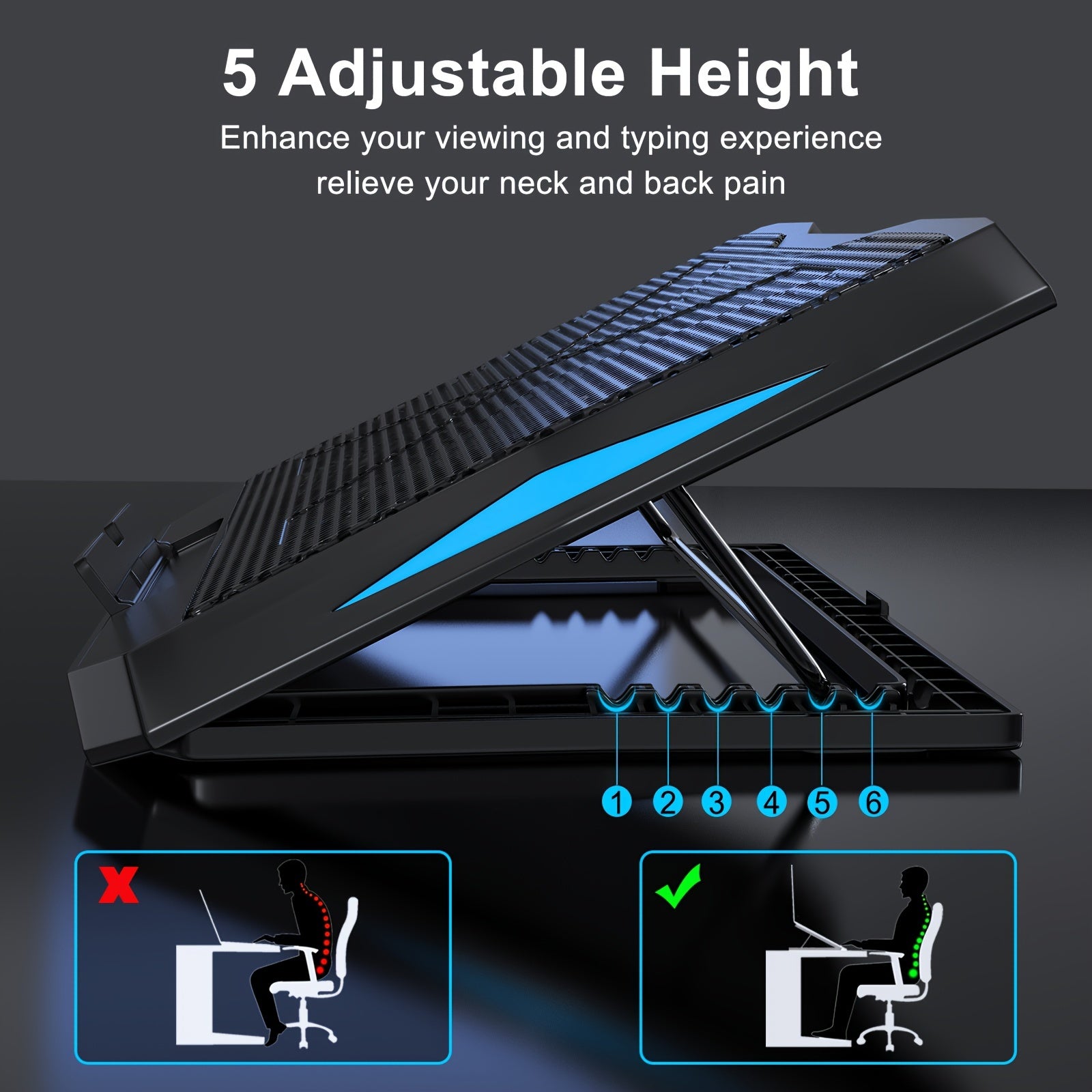 Laptop Cooling Stand with 6 Fans Adjustable Height LED Light USB Ports for 22.86-39.62 cm Laptops