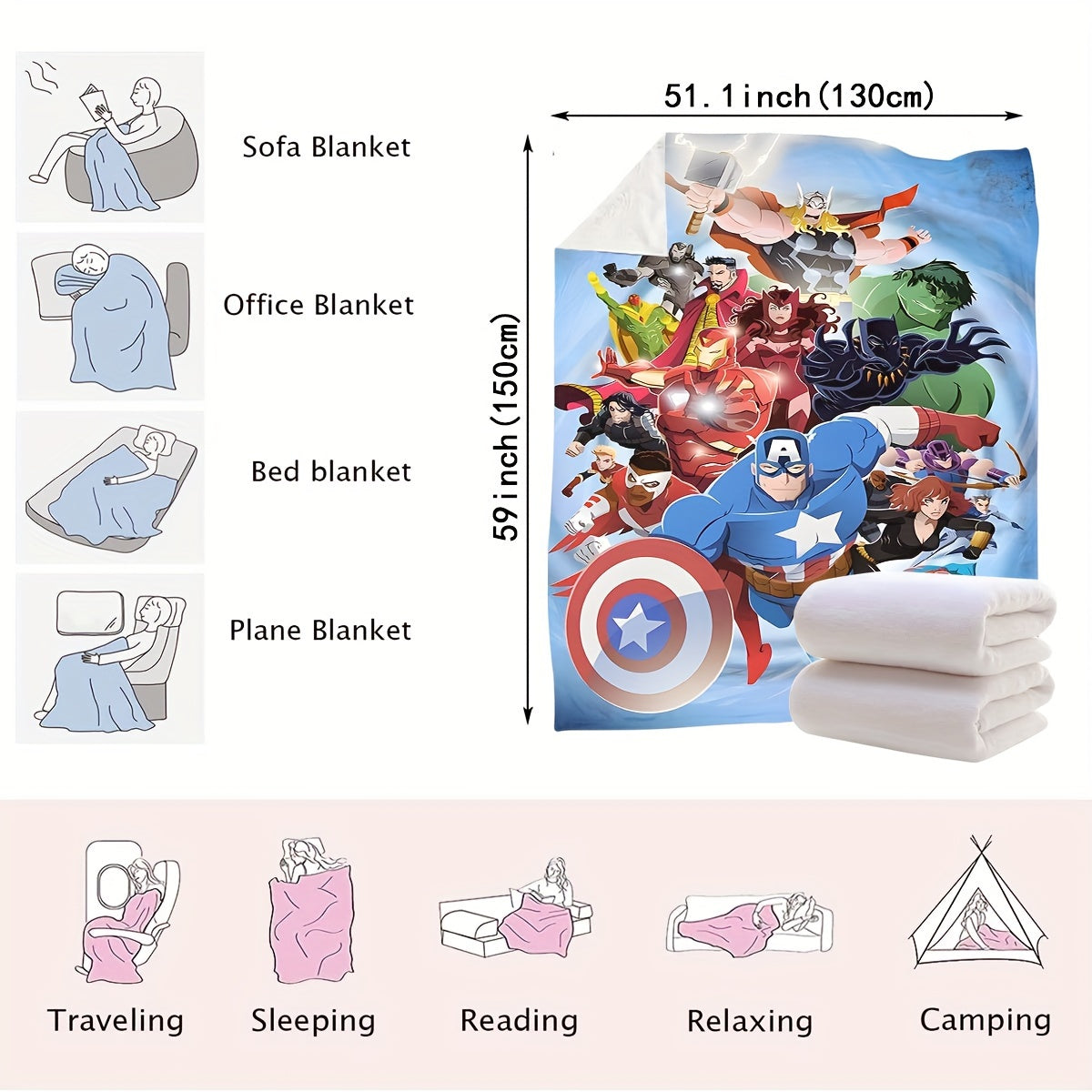 Superhero Throw Blanket for Kids and Adults Soft Cozy Lightweight Multicolor