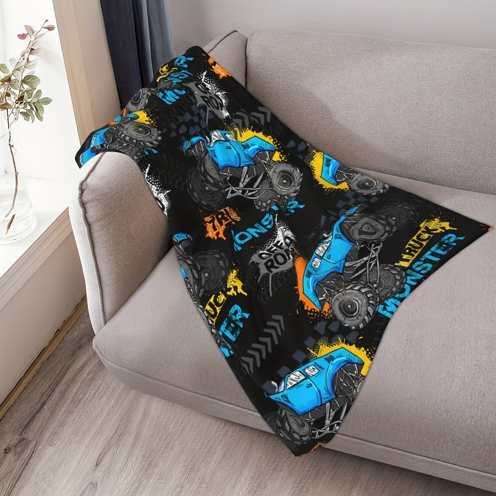 Monster Truck Flannel Blanket for Bed Sofa Home Decor Cozy Durable