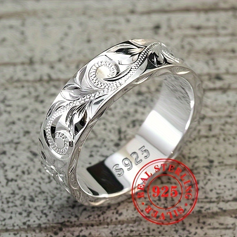 Vintage Bohemian Silver Ring with Carved Leaf and Flower Design S925 Jewelry
