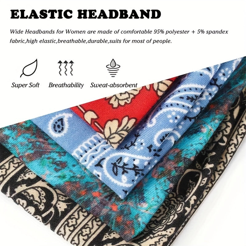 Set of 4 Boho Printed Elastic Knotted Headbands for Yoga Running Sports Women