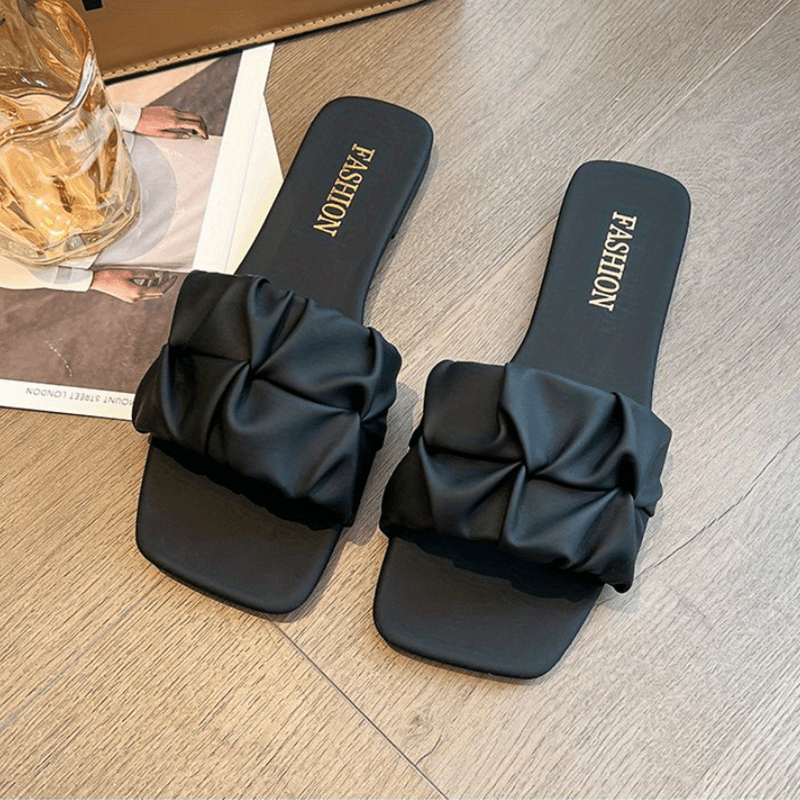 Women's Ruched Band Flat Slides Casual Open Toe Non Slip Shoes