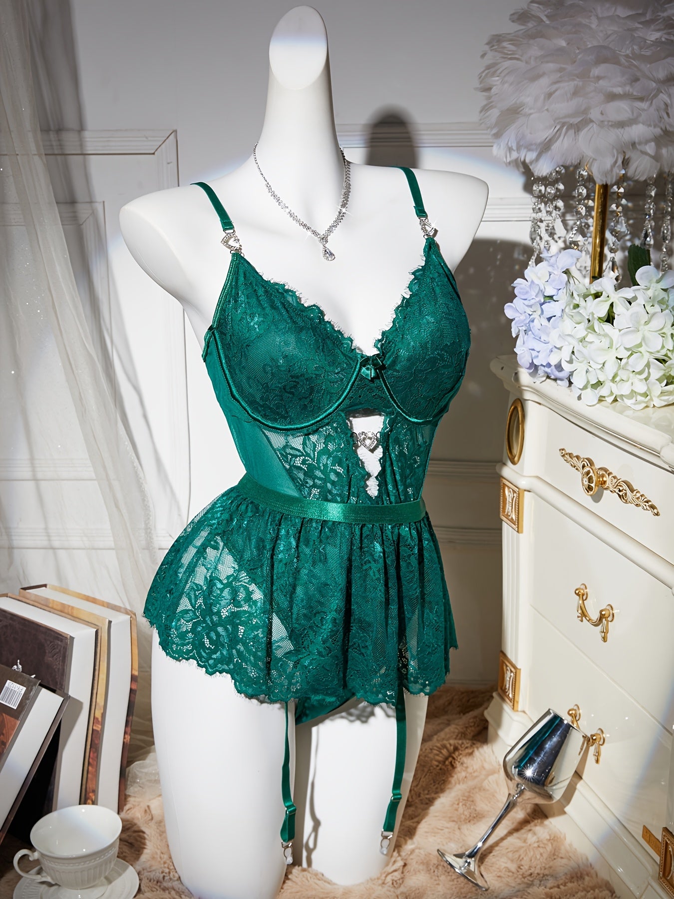 Women's Lace Teddy Bodysuit with Rhinestones and Garter Belt