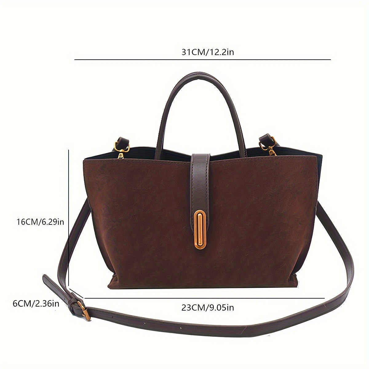 Vintage Suede Leather Tote Bag with Adjustable Shoulder Strap and Turn Lock Closure