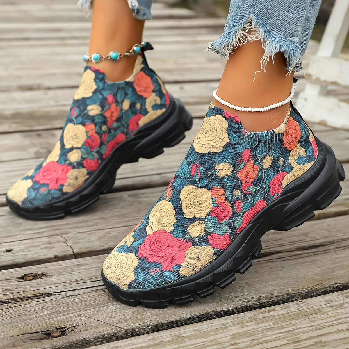 Women's Floral Print Slip-On Sneakers | Lightweight Breathable Fabric, Red Roses