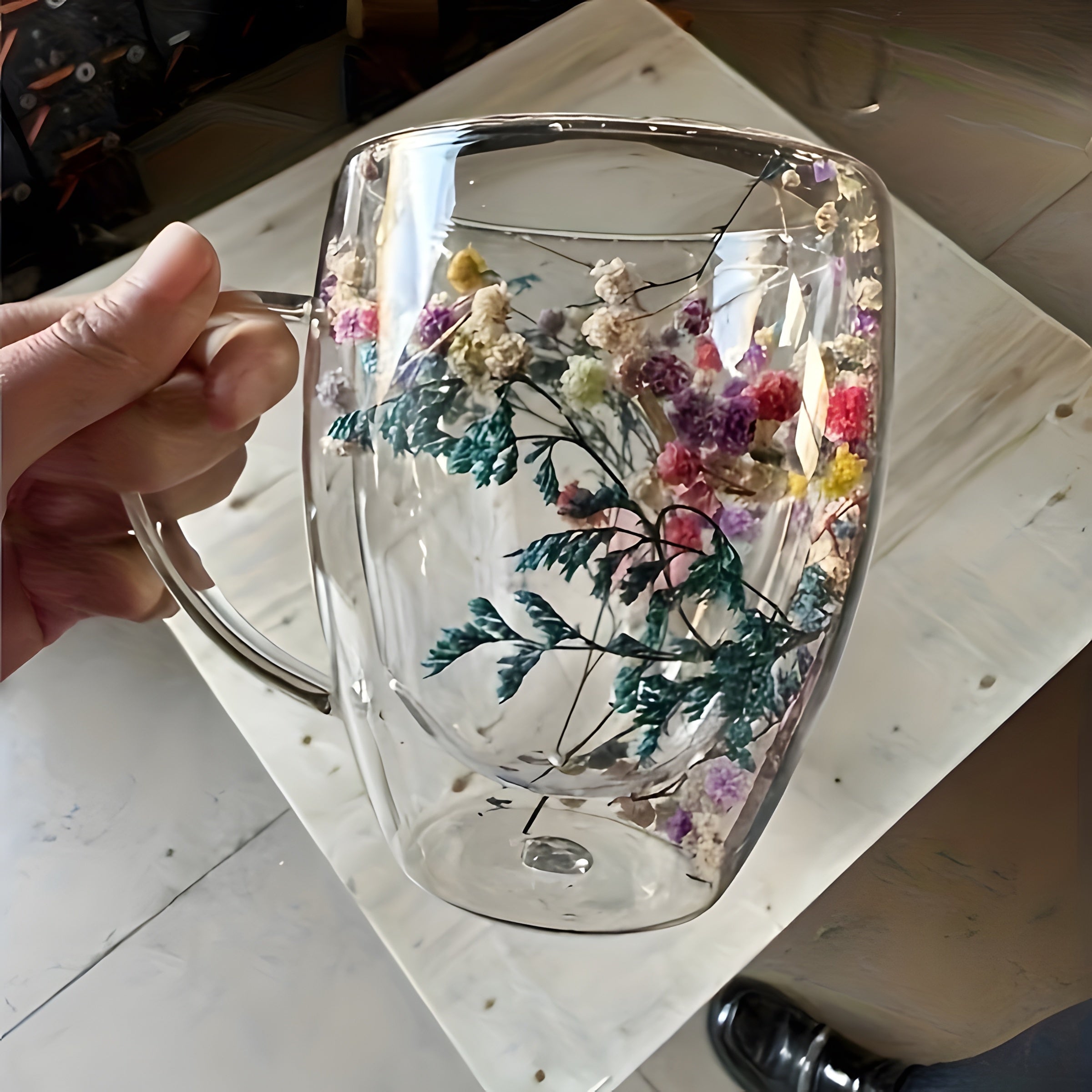 Taza de café de vidrio de doble pared con asa gruesa para bebidas calientes y frías 12oz