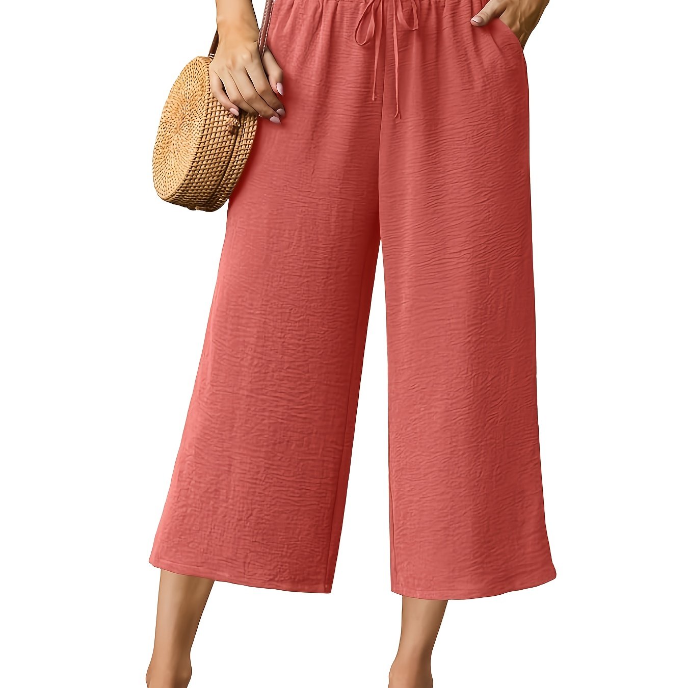Pantalones de mujer de talla grande de cintura alta y pierna ancha con cordón elástico para verano casual
