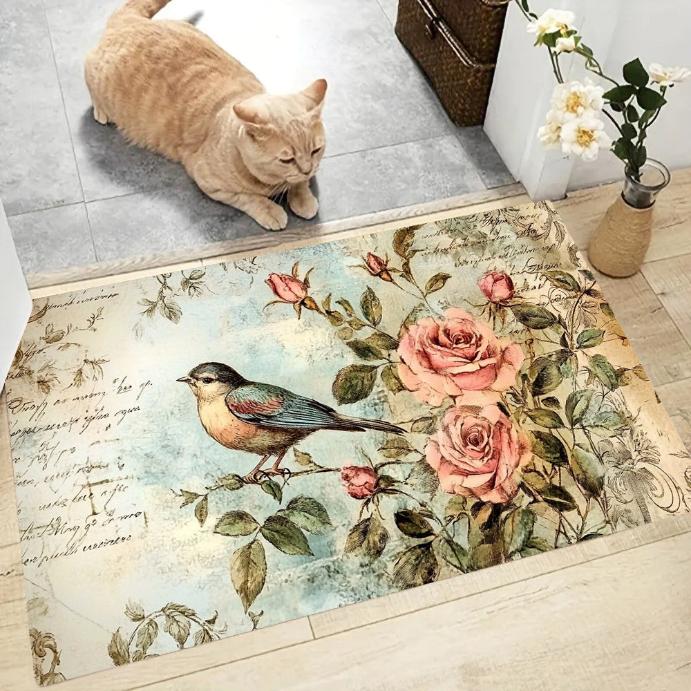 Vintage Rose & Bird Design Anti-Fatigue Oshxona Mat - Suvga chidamli, Yumshoq, Mashinada yuvish mumkin bo'lgan Polyester - Uy va Ofis uchun Qaytmas Mat