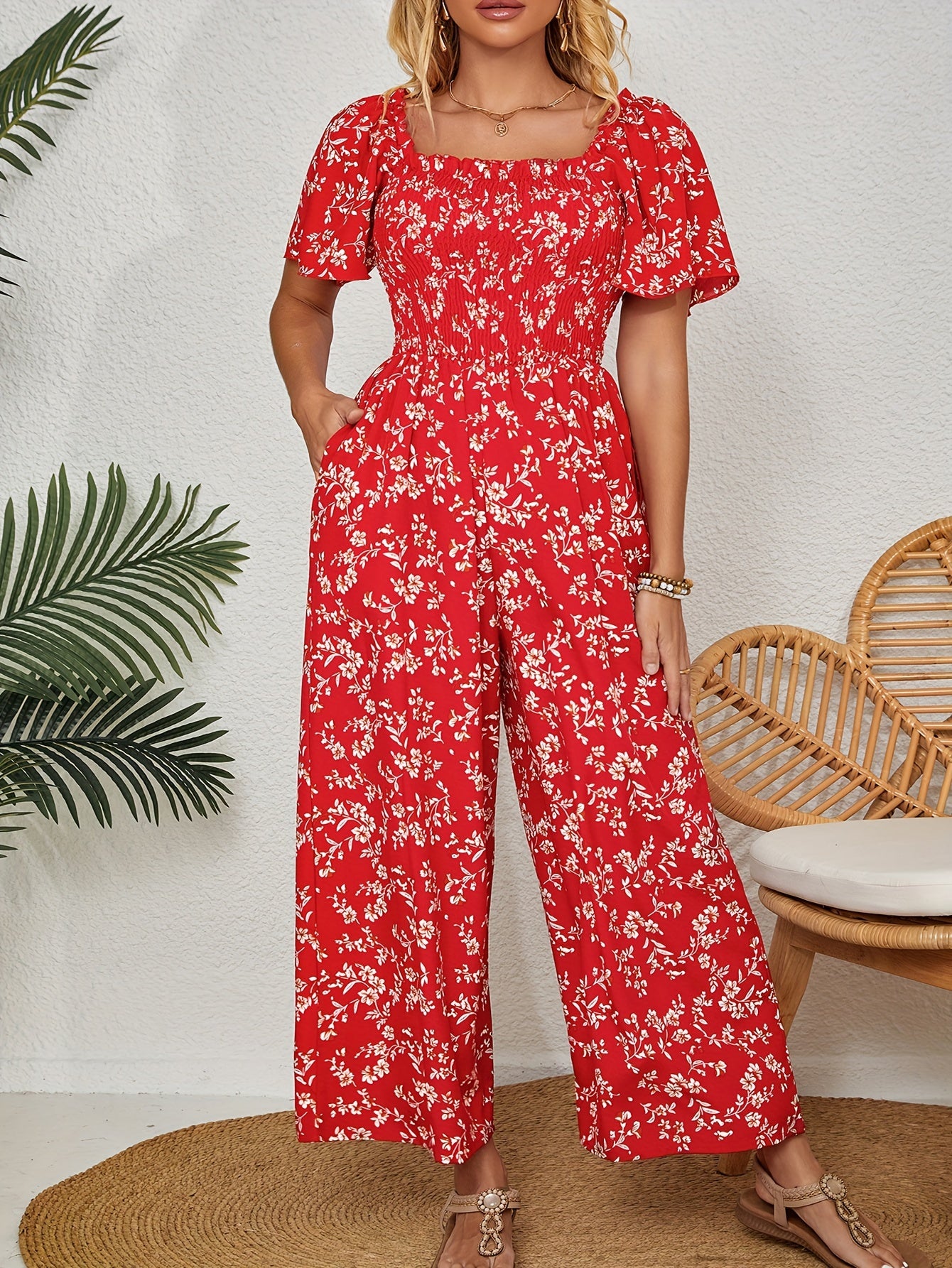 Women's Plus Size Floral Print Shirred Short Sleeve Wide Leg Jumpsuit