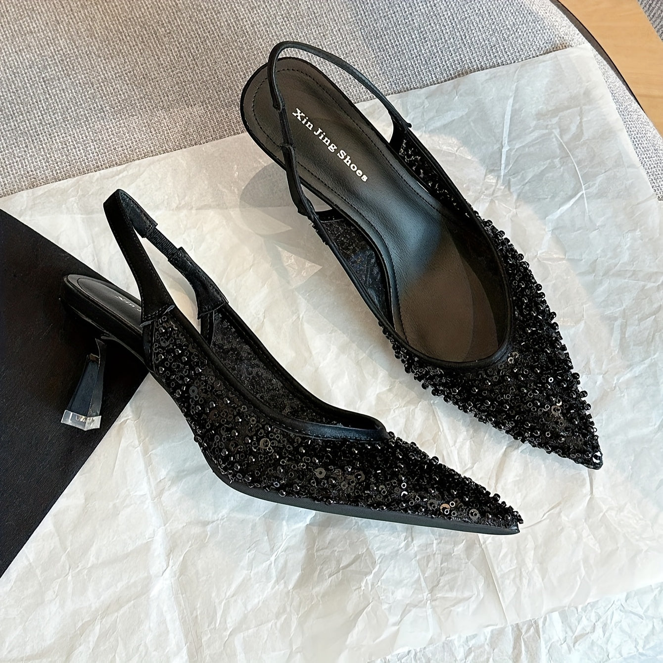 Women's Sequin Beaded Pointed Toe Stiletto Heels Pumps with Back Strap