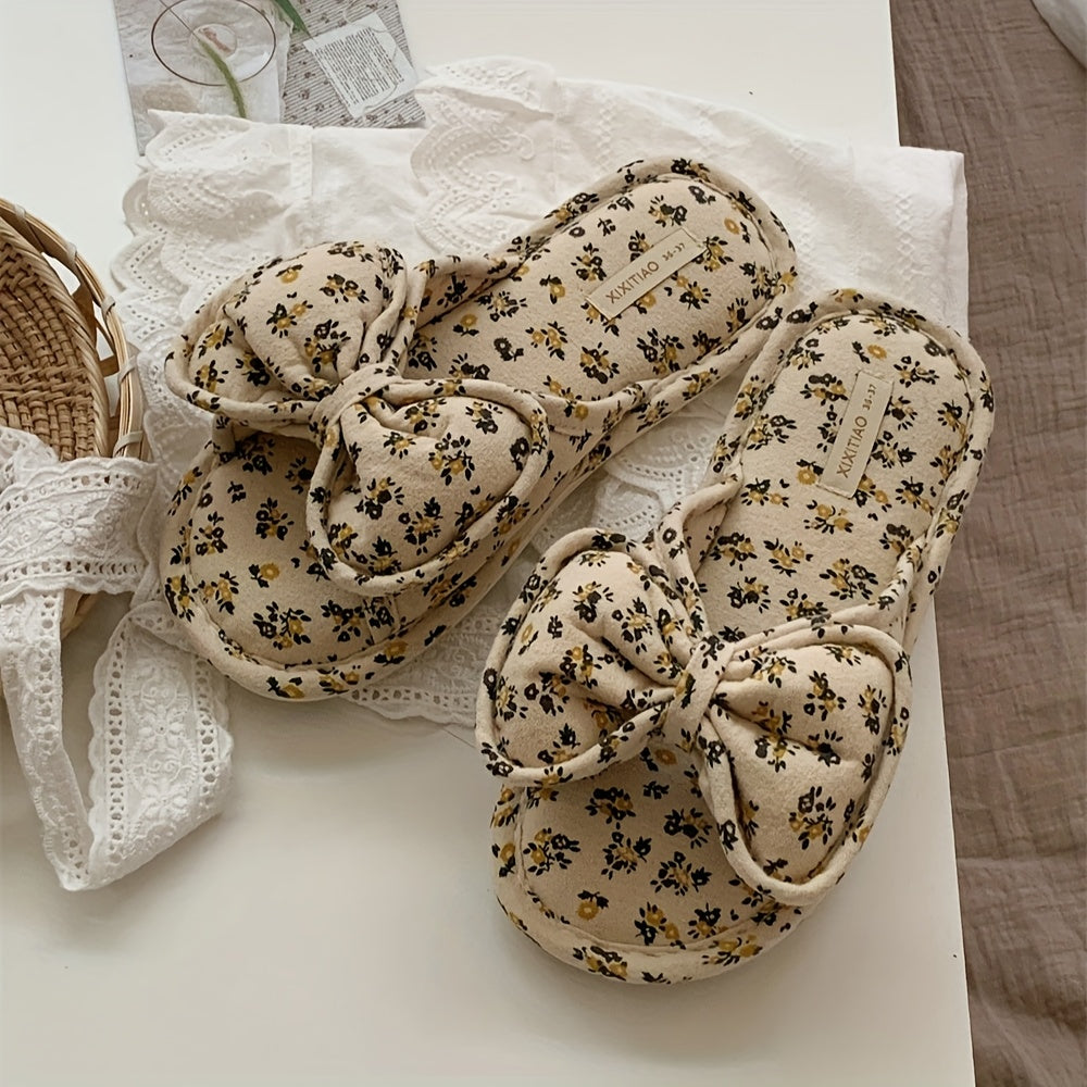 Women’s Floral Bow Slides Soft Fabric Flip Flops Non-Slip PVC Sole Indoor Outdoor