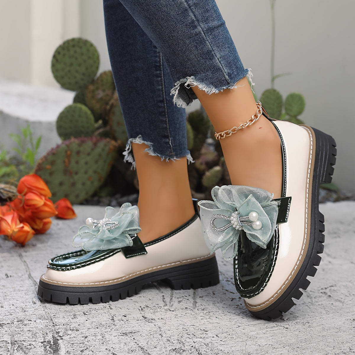 Women's Chunky Platform Loafers Slip-On Rhinestone Bow Synthetic Rubber Sole
