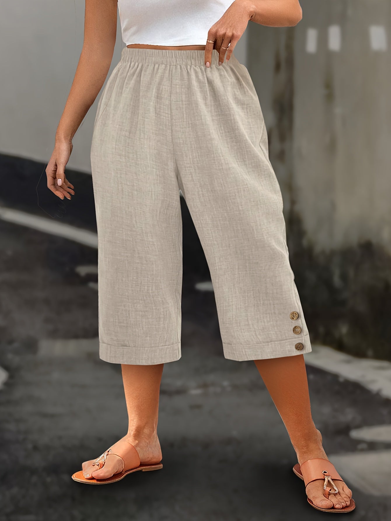 Women's Plus Size Beige Cropped Wide-Leg Pants High Waist Summer Casual Formal