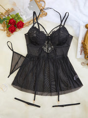 Women's Plus Size Floral Lace Lingerie Set with Gartered Thong and Babydoll