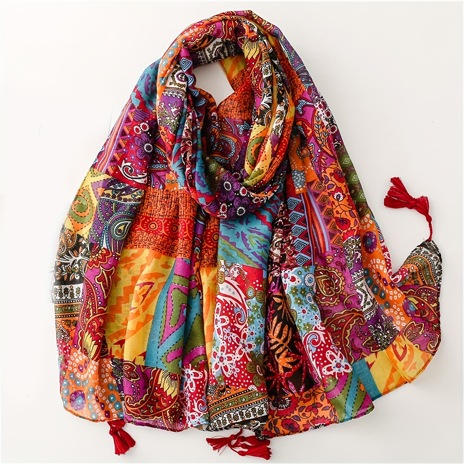 Women's Lightweight Printed Shawl with Tassels for Casual and Outdoor Wear