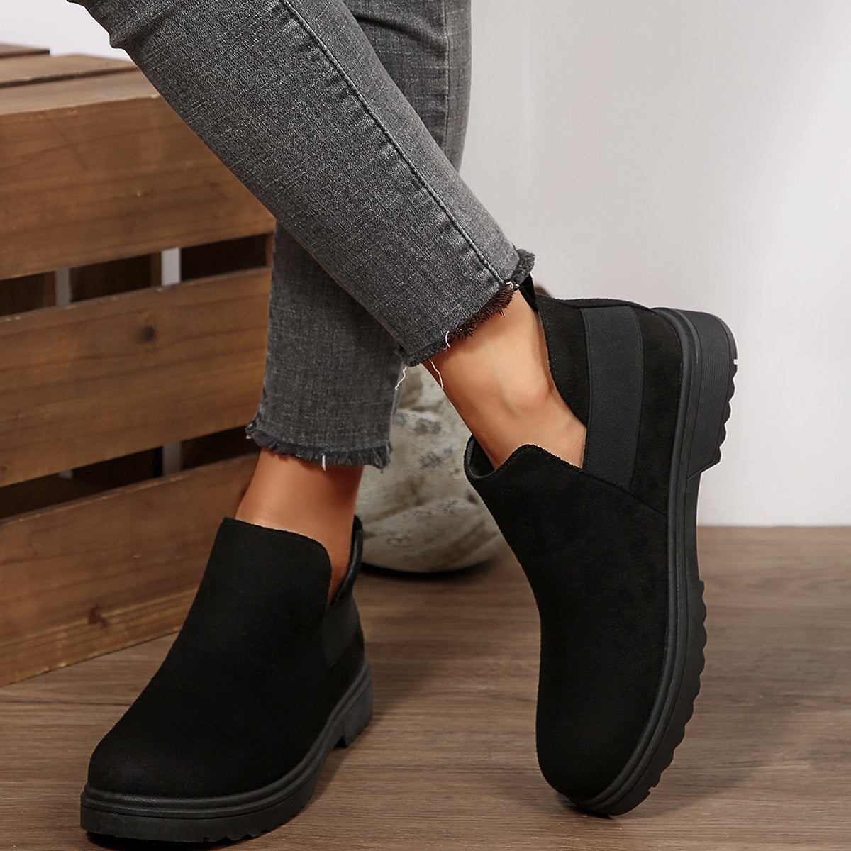 Women's Black Ankle Boots with Elastic Panel Round Toe All-Season Comfort