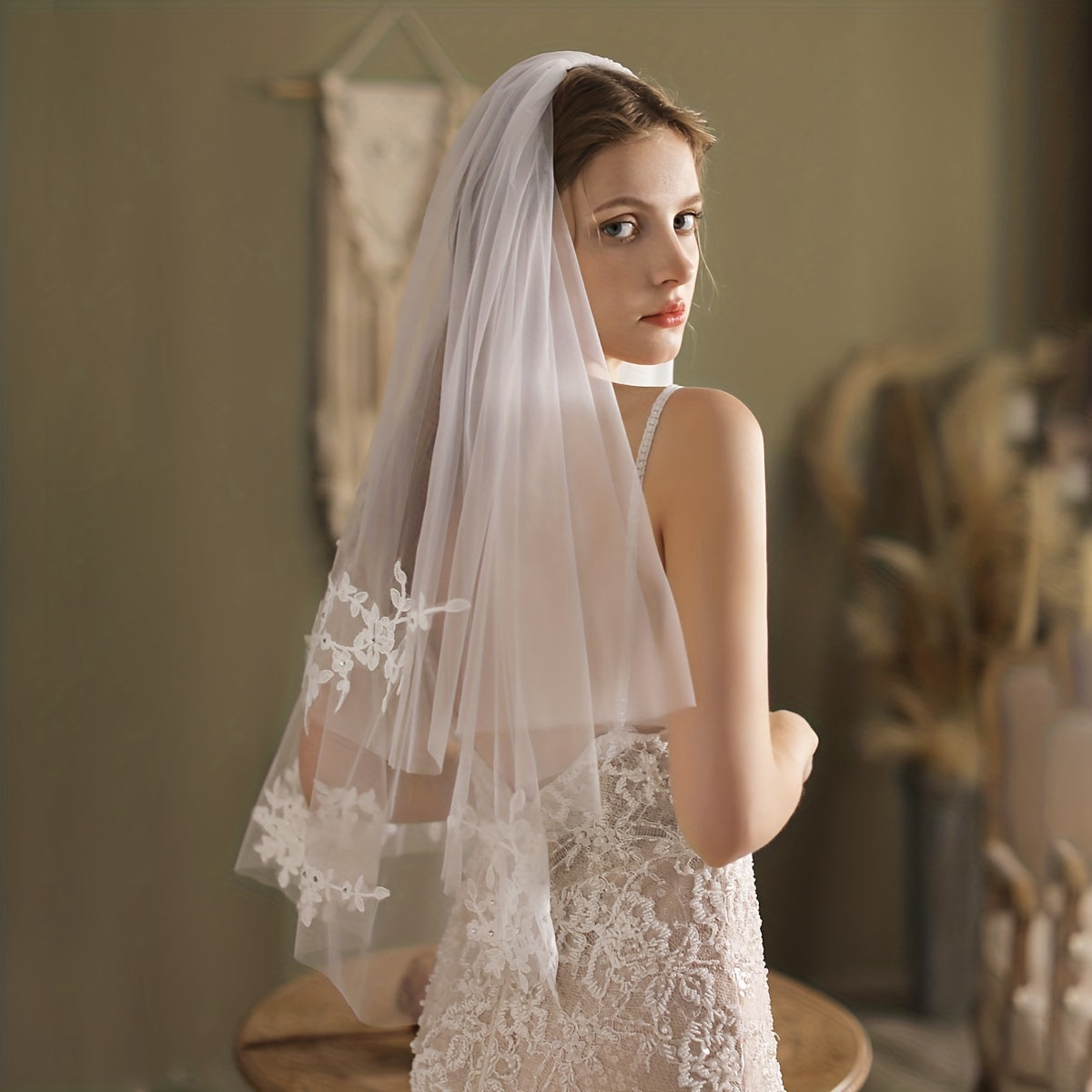 Princess Cathedral Wedding Veil with Flower Lace Mesh 2 Layer Bridal Accessory