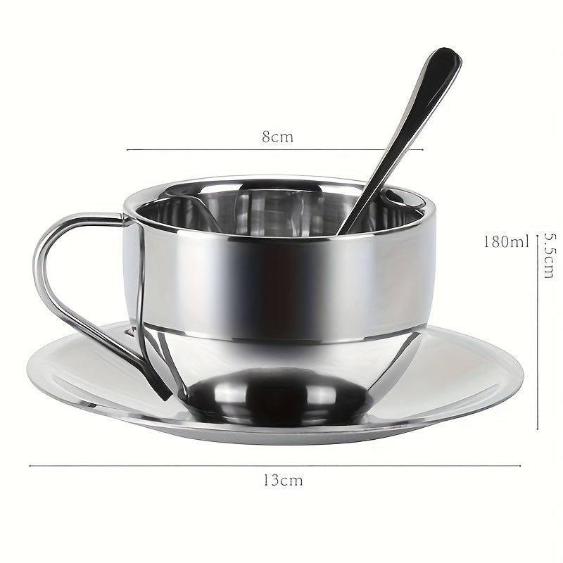 Juego de taza y platillo de acero inoxidable para café para hogar y oficina, 8 oz