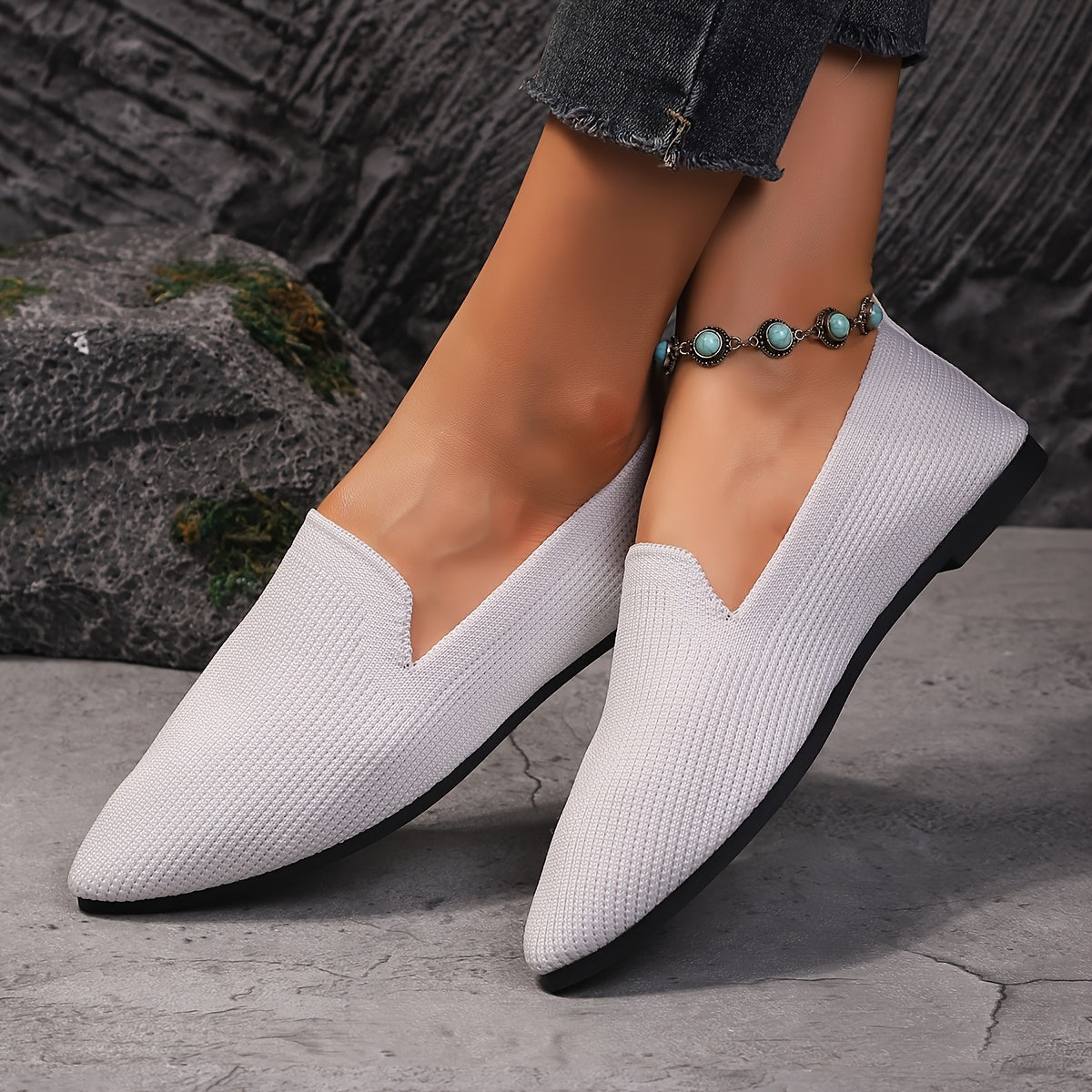 Women’s Slip-On Knit Pointed Toe Shoes Breathable Fabric All-Season Comfort