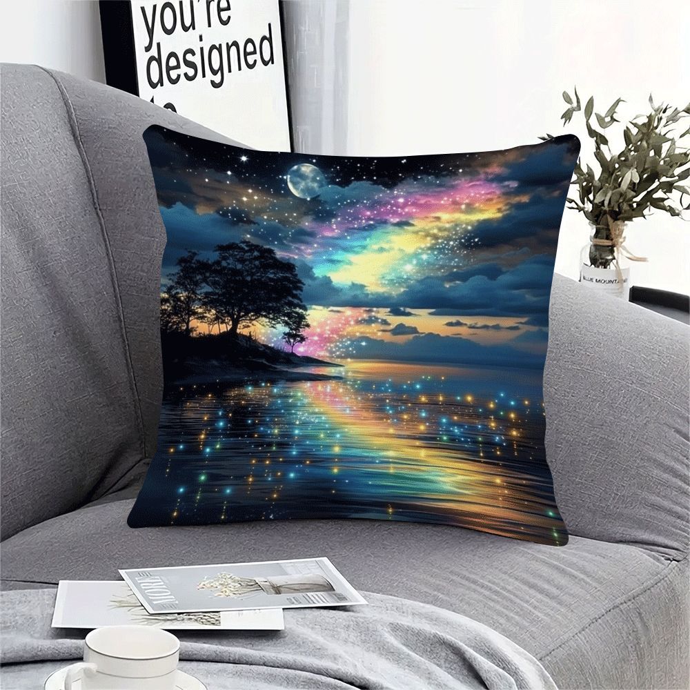 Starry Rainbow Tree of Life Decorative Cushion Cover 45.72x45.72 cm Polyester Machine Washable