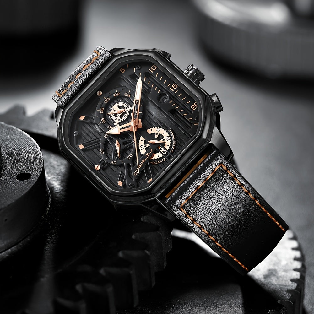 Men's Black Stainless Steel Chronograph Watch with Leather Strap