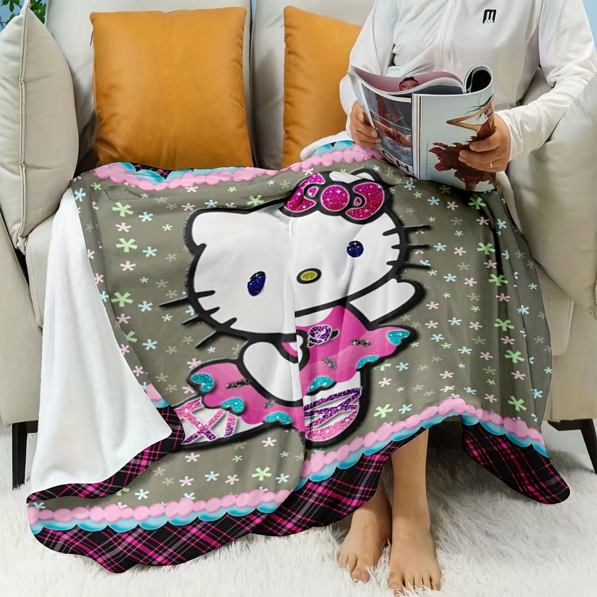 Square Pattern Hello Kitty Flannel Blanket for Kids and Adults Comfortable Bed Sofa Car Use