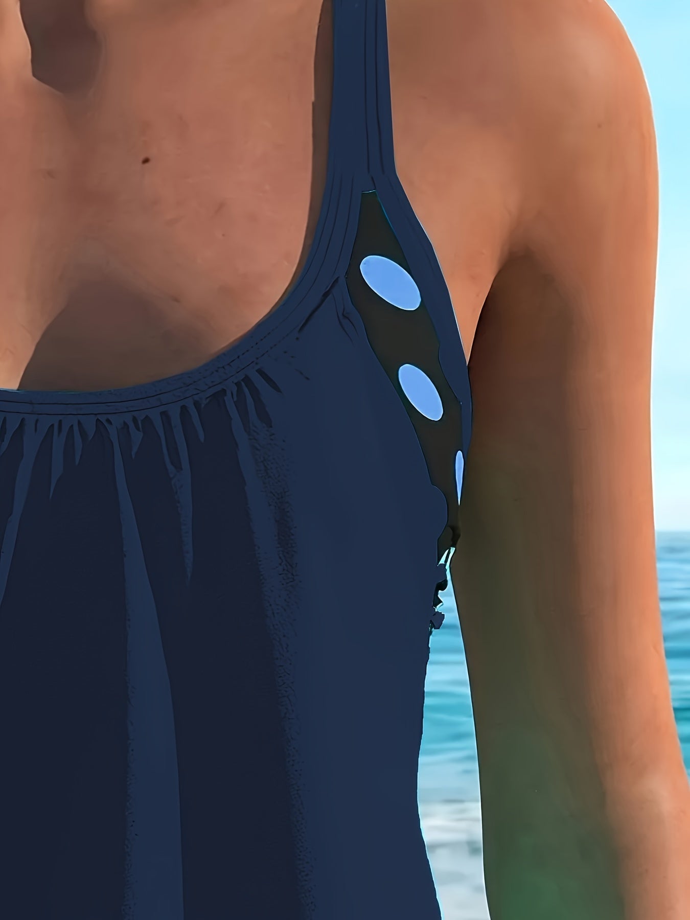 Women's Navy Blue Tankini Swimsuit with Split Skirt and Polka Dot Pattern