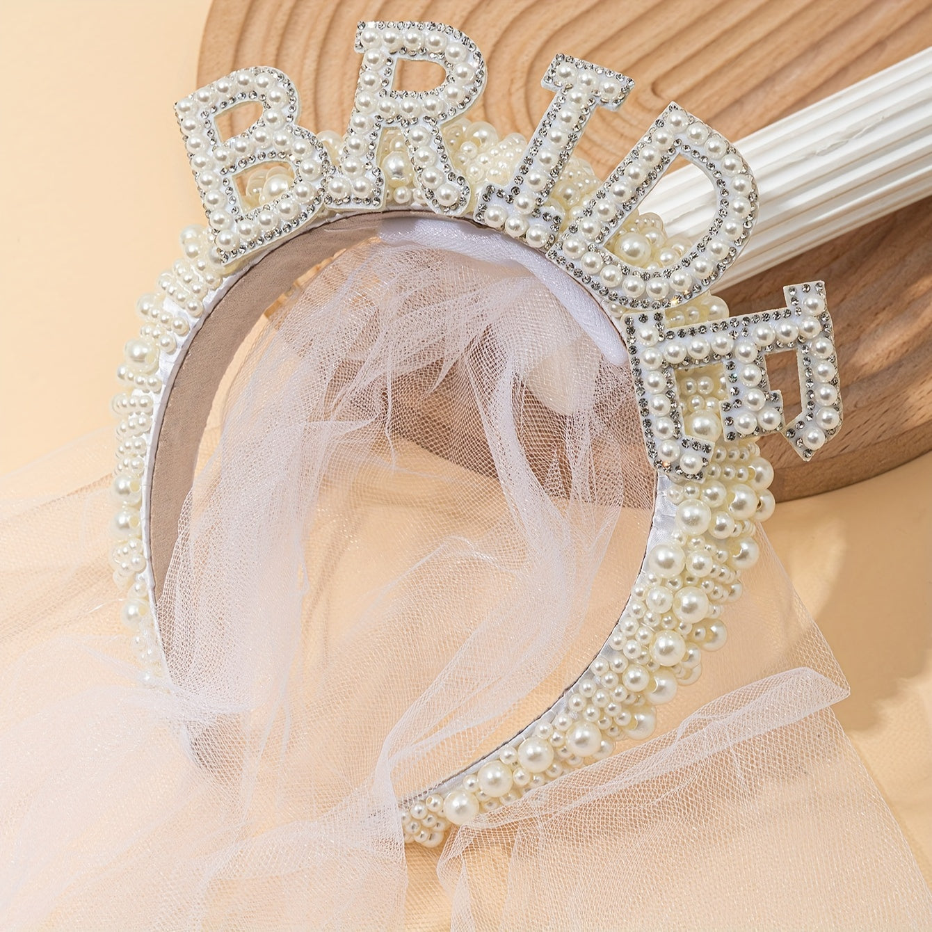 Bridal Headband with Faux Pearls Rhinestones Tulle Veil Bride Lettering Wedding Hair Accessory