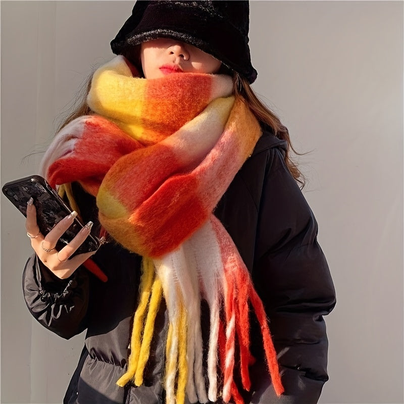 Rainbow-colored Boho Plaid Scarf with Tassels: Chunky, Imitation Tassel Shawl for Neck Warmth in Autumn and Winter. Features a Long Neckerchief Design.