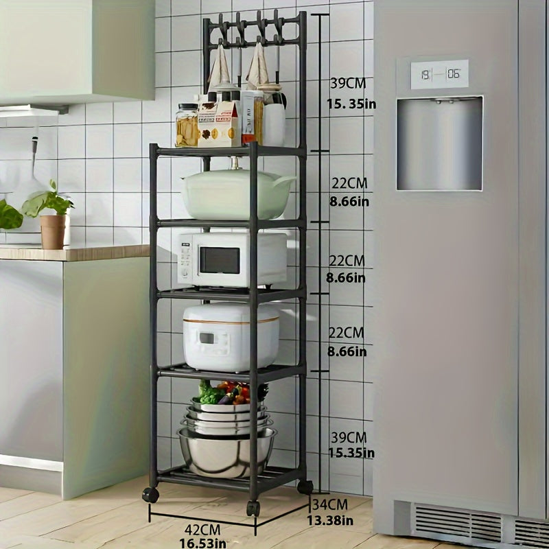 Estantería de almacenamiento de metal con ruedas y ganchos, organizador de múltiples niveles para cocina, baño y sala de estar