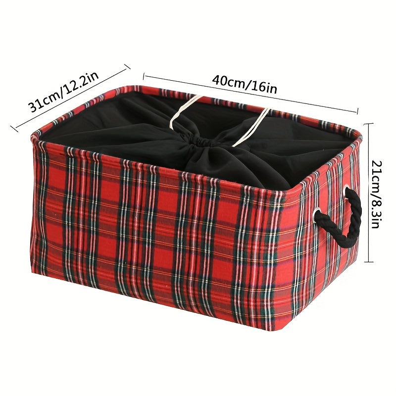 Большая рождественская корзина с клетчатым узором, пустая и складная для удобного хранения; идеально подходит для праздничного декора и рождественского оформления.