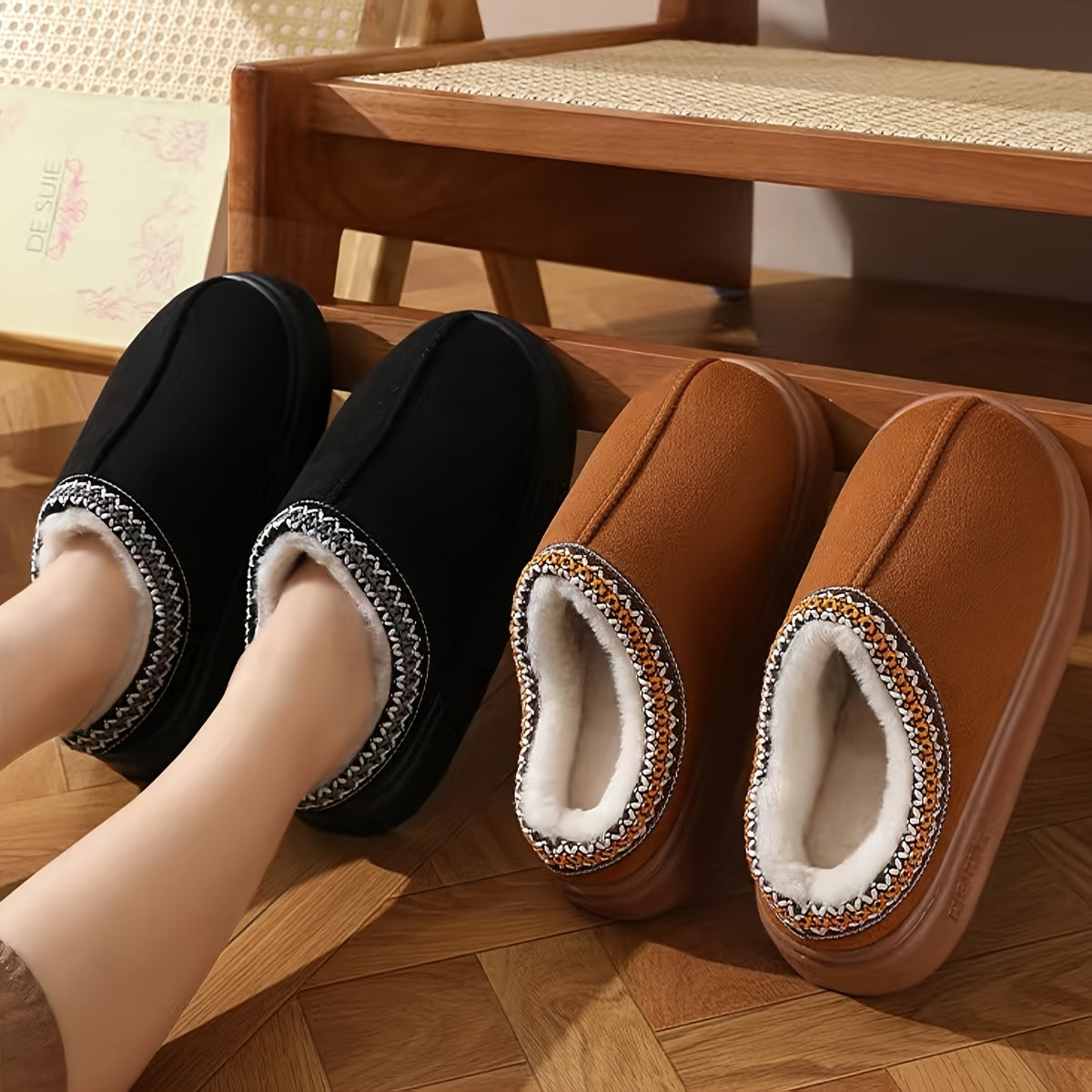Zapatillas de estar por casa con slip-on para hombres y mujeres, tela cálida, suela de EVA, lavables a máquina