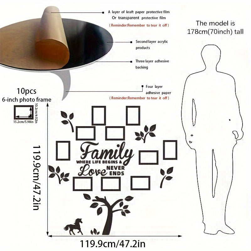 10-Donali akrilik oynali devor stikerlari daraxt foto ramkasi to'plami uy bezatish uchun
