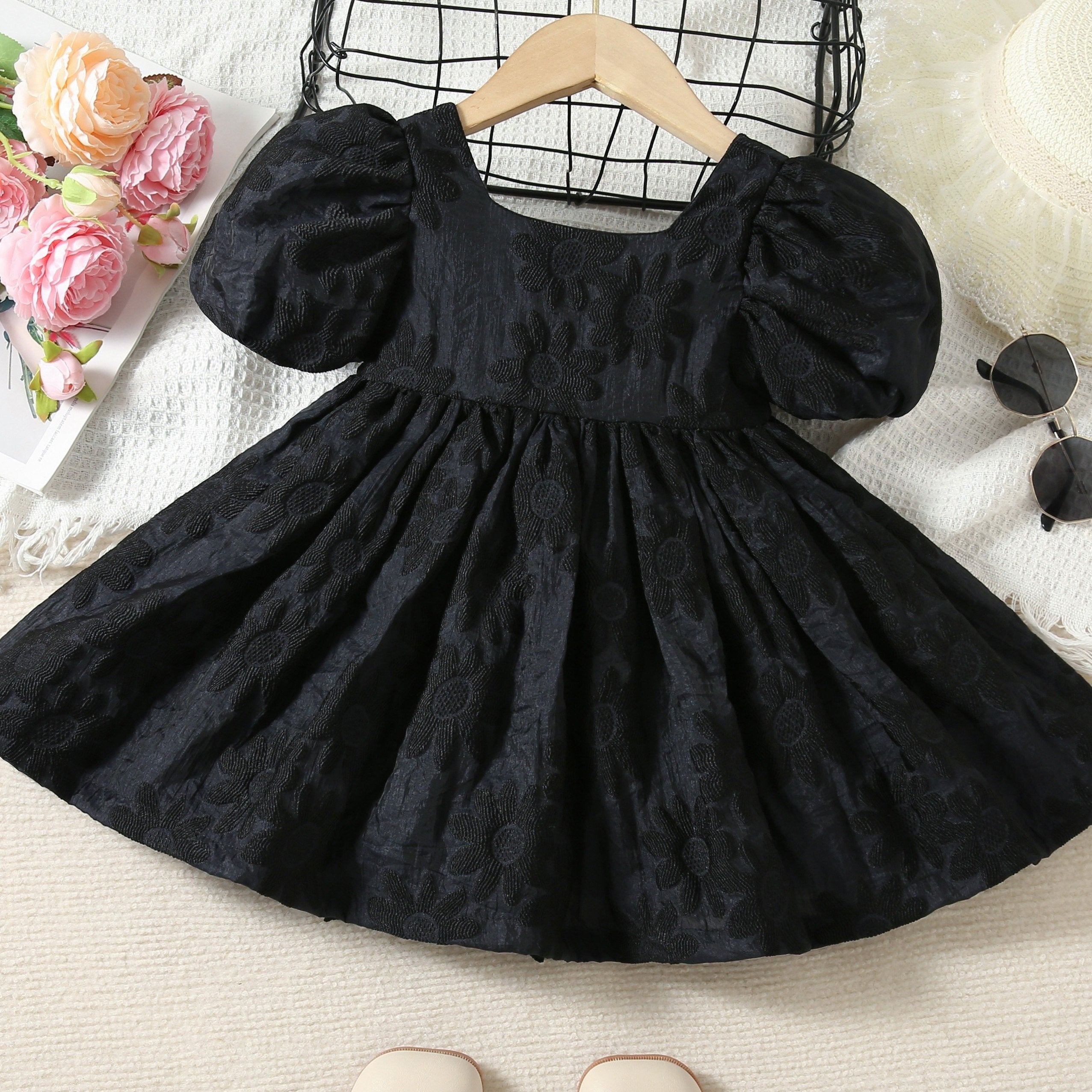Girls Summer Dress Knee High Puff Sleeve Solid Color Bow Decoration Lightweight Dress