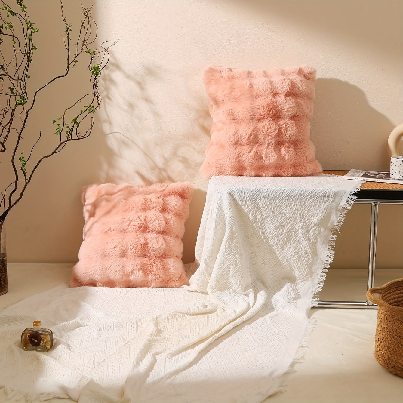 Two-Tone Rabbit Fur Plush Pillow Cover Zippered Sofa Cushion Case for Living Room