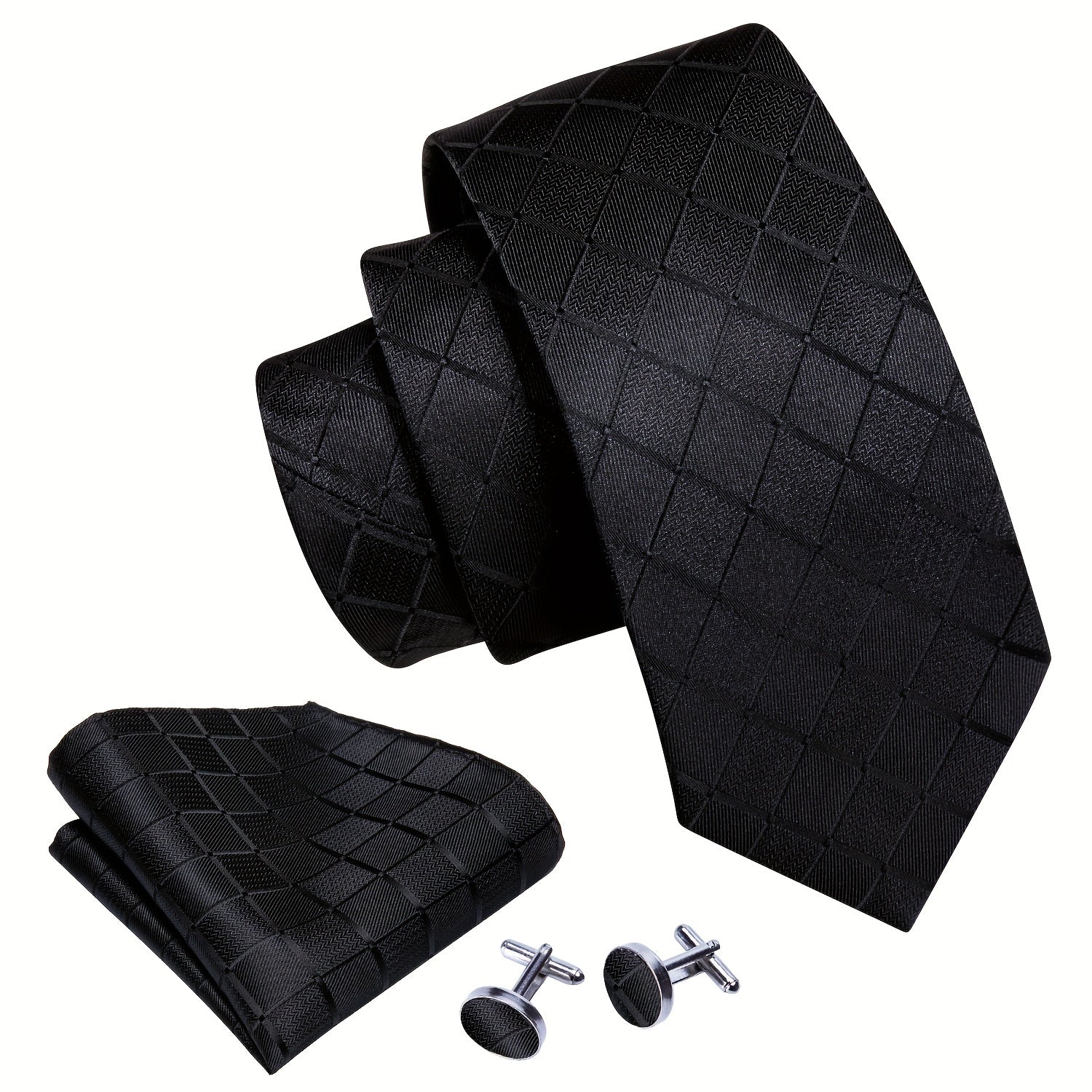 Perfect Gift: Matching Black Plaid Jacquard Tie, Cufflinks, and Pocket Square Towel Set for Parties, Weddings, and Proms