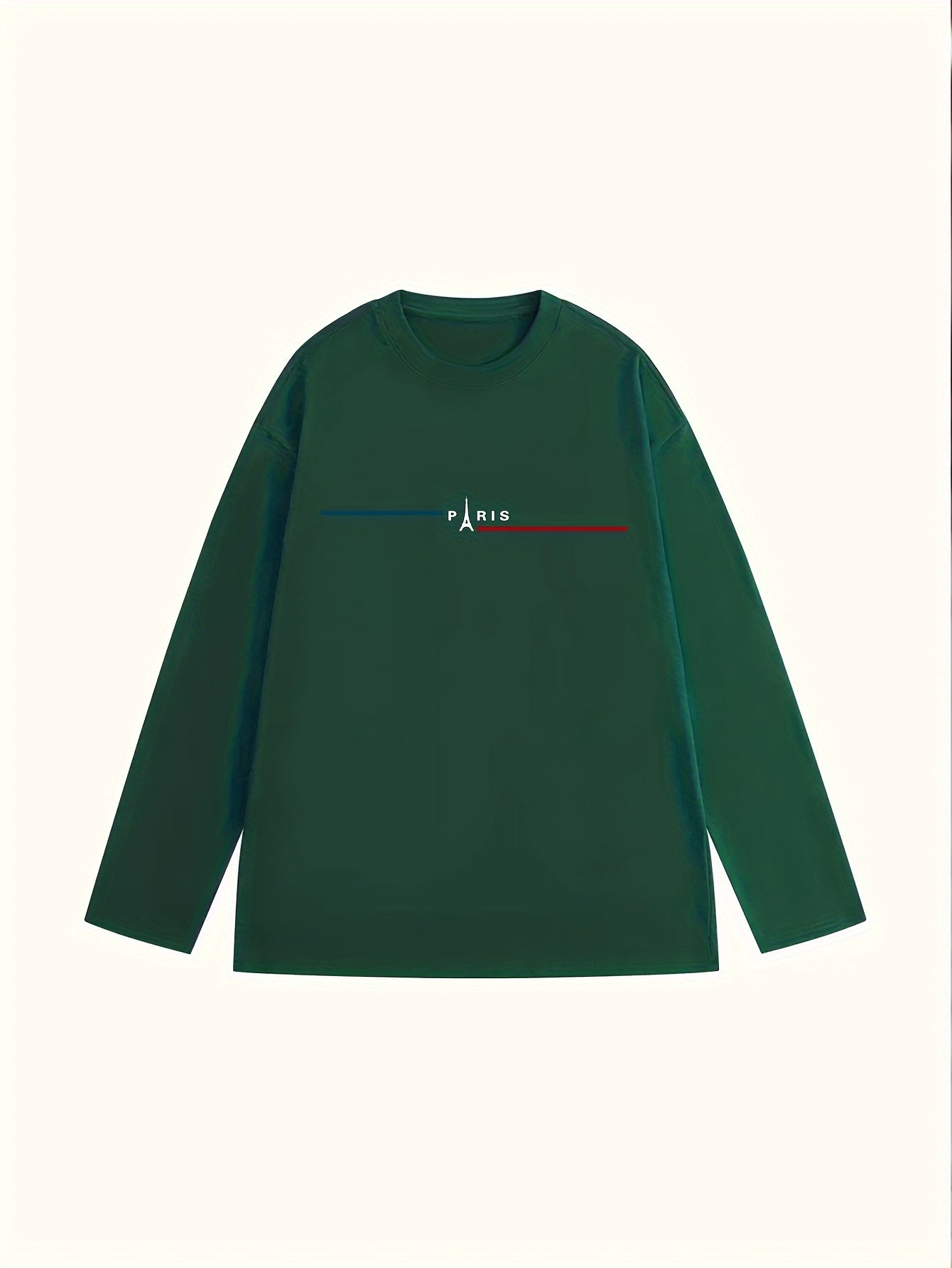 Camiseta de manga larga para hombre de talla grande con inspiración parisina y cuello redondo, con estampado de letras y tela elástica para primavera y otoño