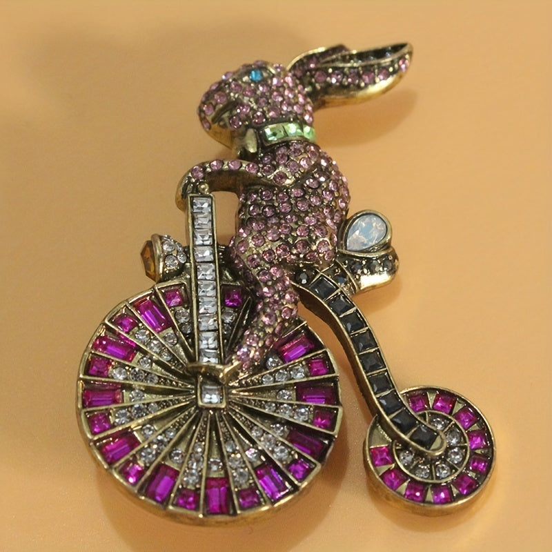 Retro Bunny Bicycle Shaped Rhinestone Brooch for Women