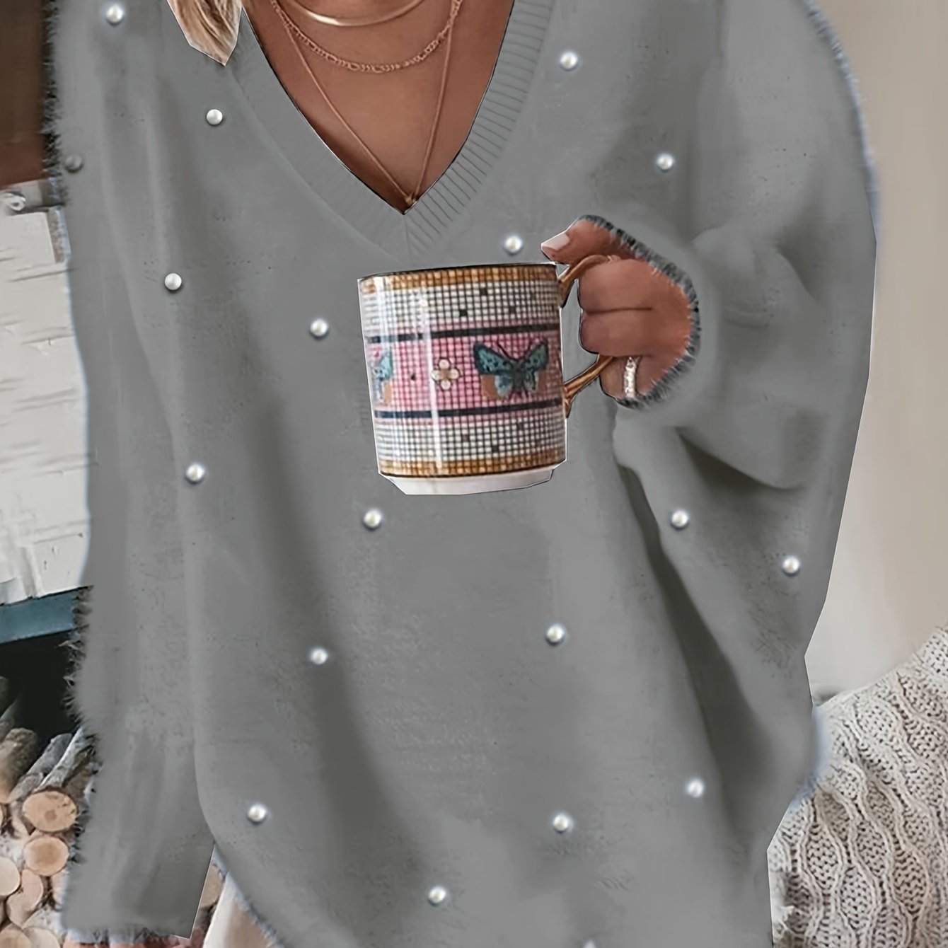 Plus Size Women's Yellow V-Neck Sweater Fleece-Lined Cuffs Geometric Pattern