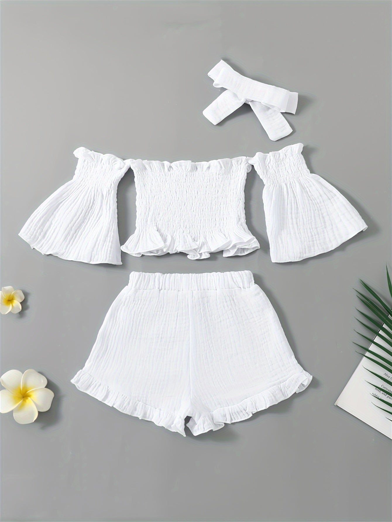 Girls Summer Outfit Set Off-Shoulder Top Denim Shorts Headband Cotton Casual Age 12 and Under