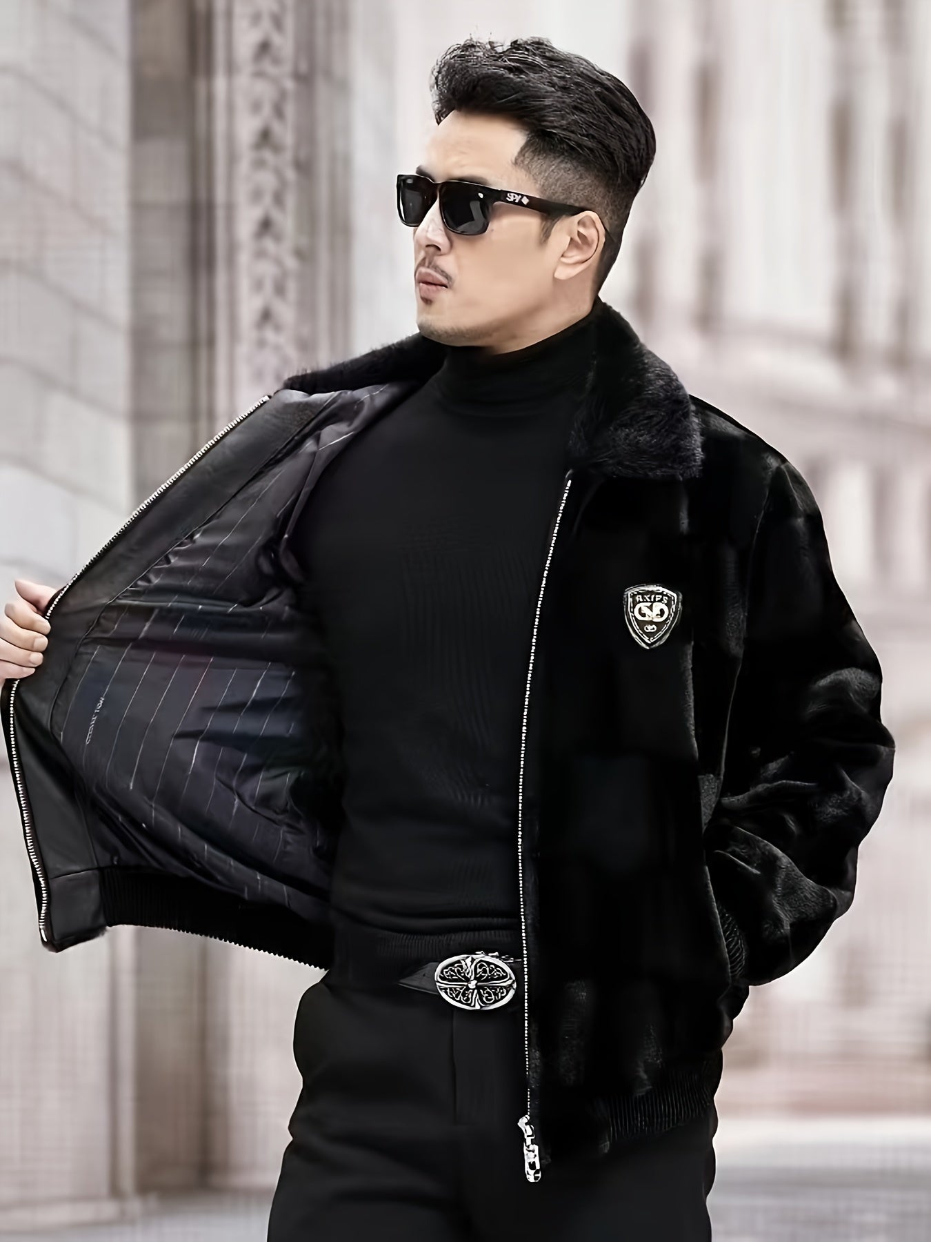 Erkaklar uchun tasodifiy sun'iy mink mo'ynali kurtka, bir rangli yaka, zip yopilishi, uzun yenglar, astarli, cho'zilmaydigan to'qilgan mato va qish uchun oddiy mos keladigan tor uslub.