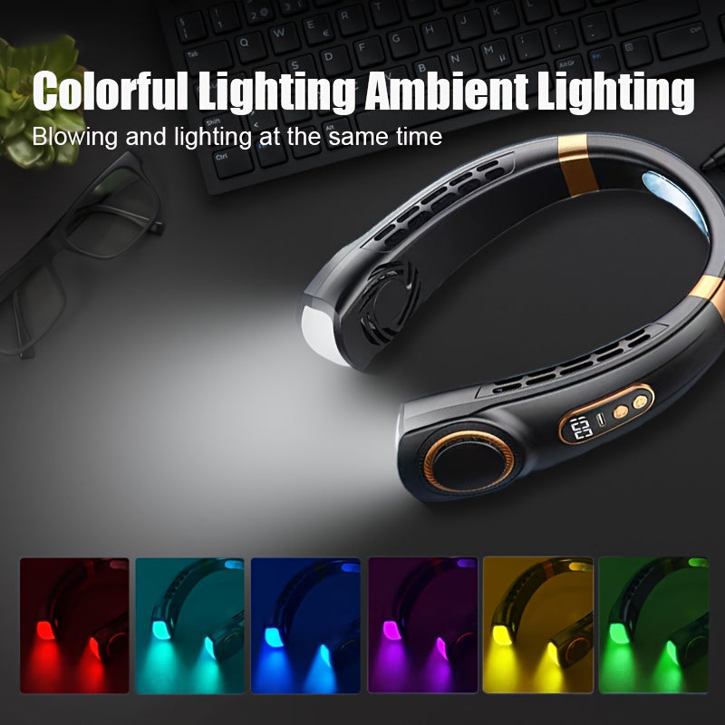 Bladeless neck fan USB rechargeable 5 speed digital display LED emergency lighting outdoor sports beach