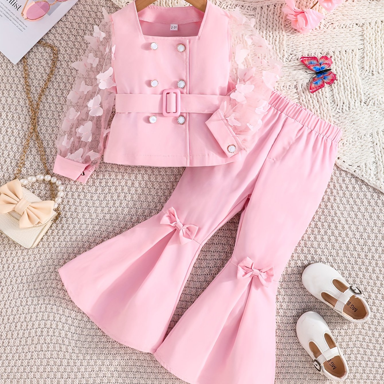 Girls' 2-Piece Casual Outfit Butterfly Sleeve Blouse and Long Pants Polyester Fall Winter