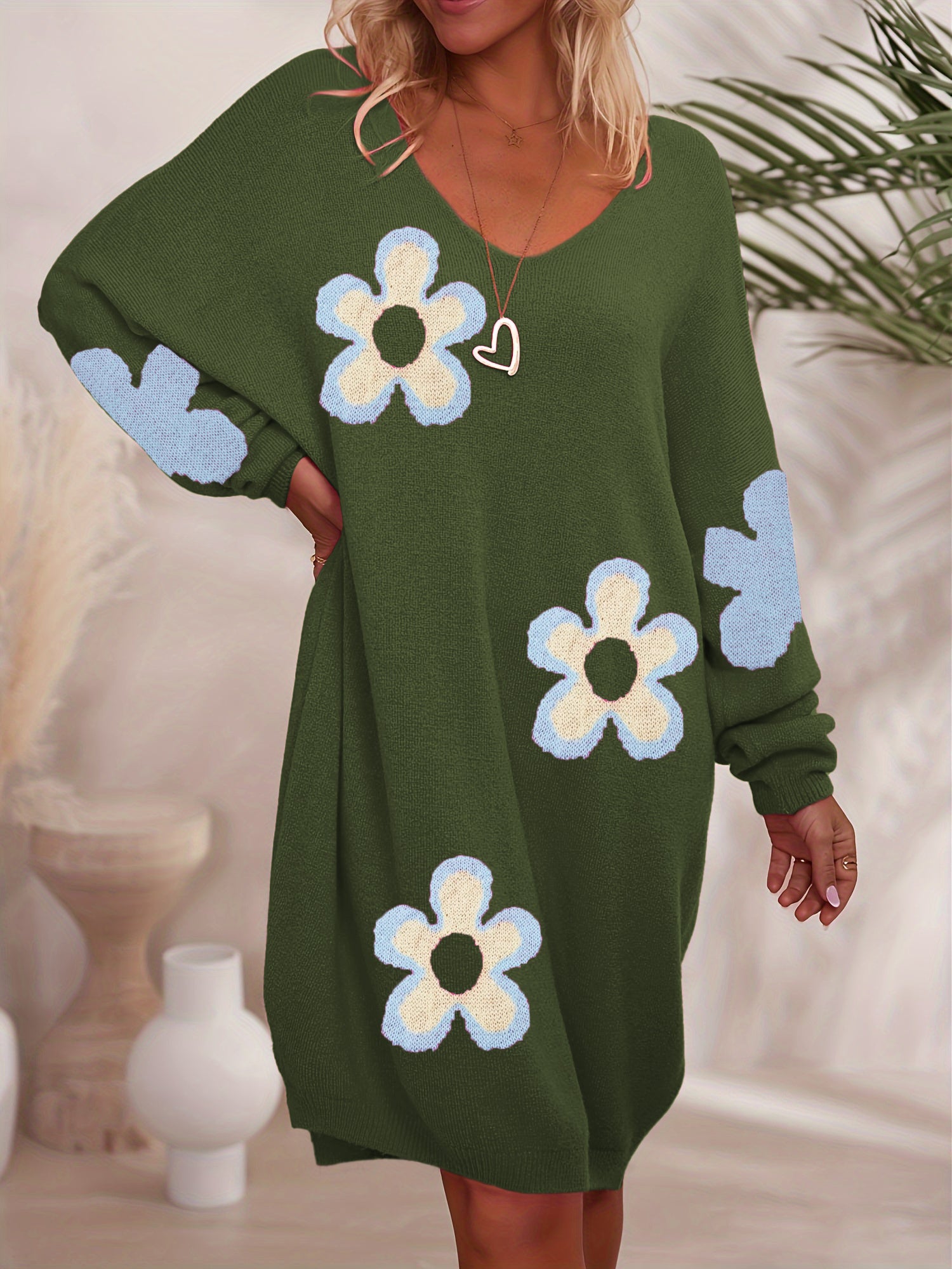 Plus Size Women's Floral Print V-Neck Sweater Knitwear All-Season Comfort