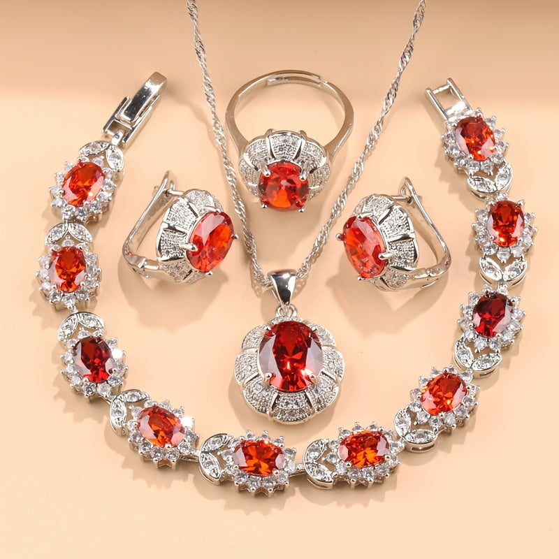 Women's Jewelry Set with Necklace Earrings Ring and Bracelet Silver Plated Cubic Zirconia
