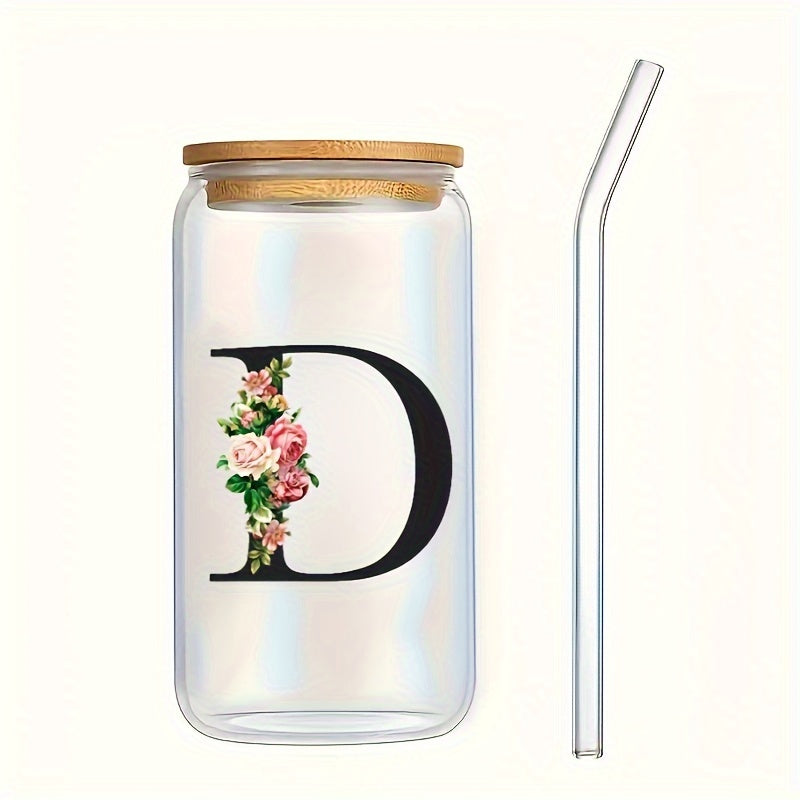 Flowers Drinking Glass with Bamboo Lid and Straw 16oz Coffee Mug for Women Girls