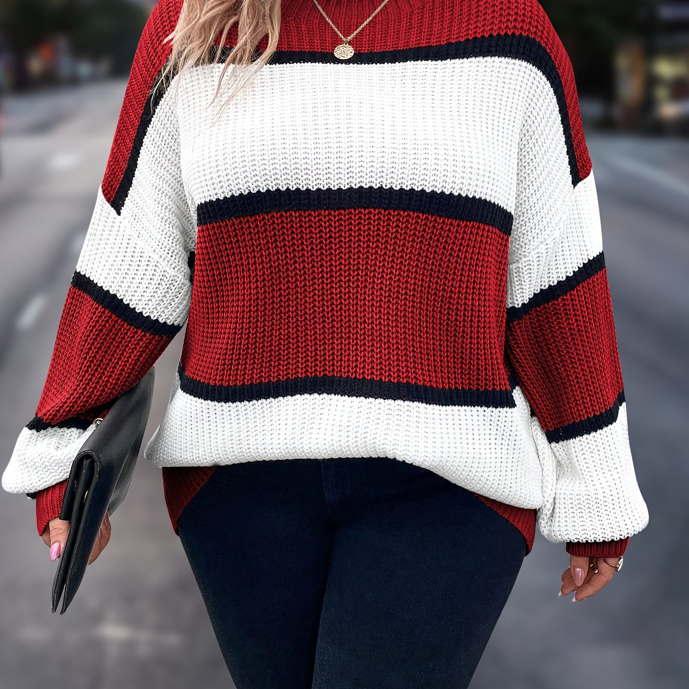 Plus Size Women's Striped Knit Sweater Long Sleeve Mock Neck Fall Winter