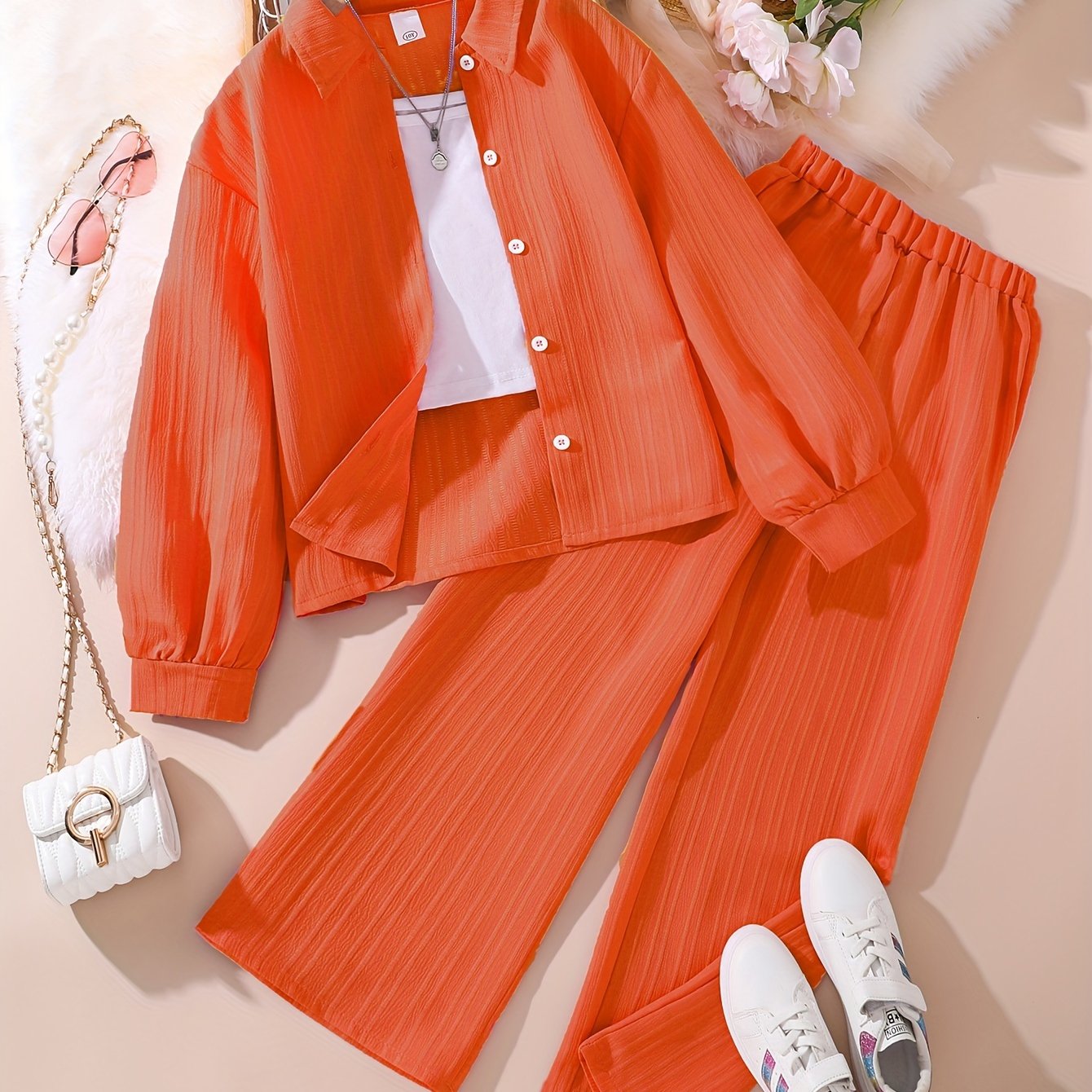 Girls' Clothing Set for 8-12 Years Long Sleeve Solid Color Korean Style Casual Outfit